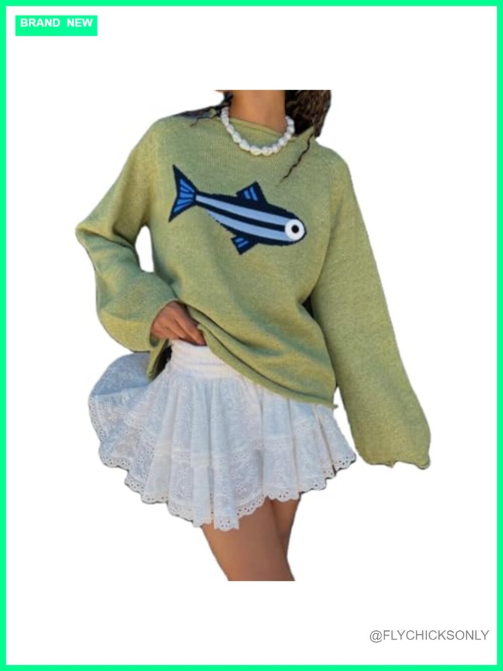 Oversized Rib Knit Fish Graphic Sweater Crew Neck Long Sleeve Pullover